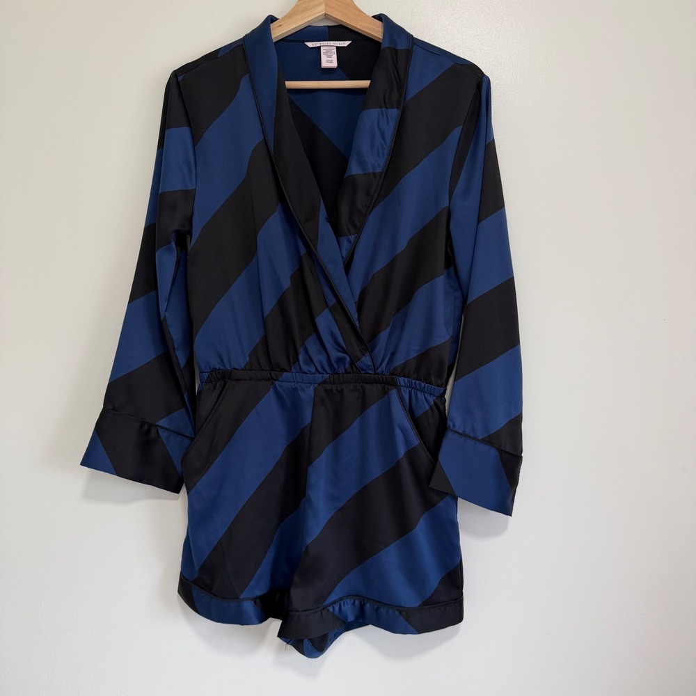 Victoria's Secret Striped Satin Romper Blue Black Womens Small Loungewear